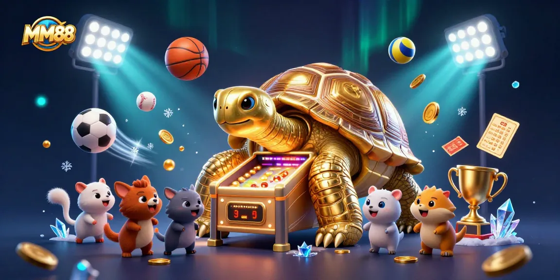 Engage in dynamic betting with MM88 featuring a golden tortoise and sports elements.