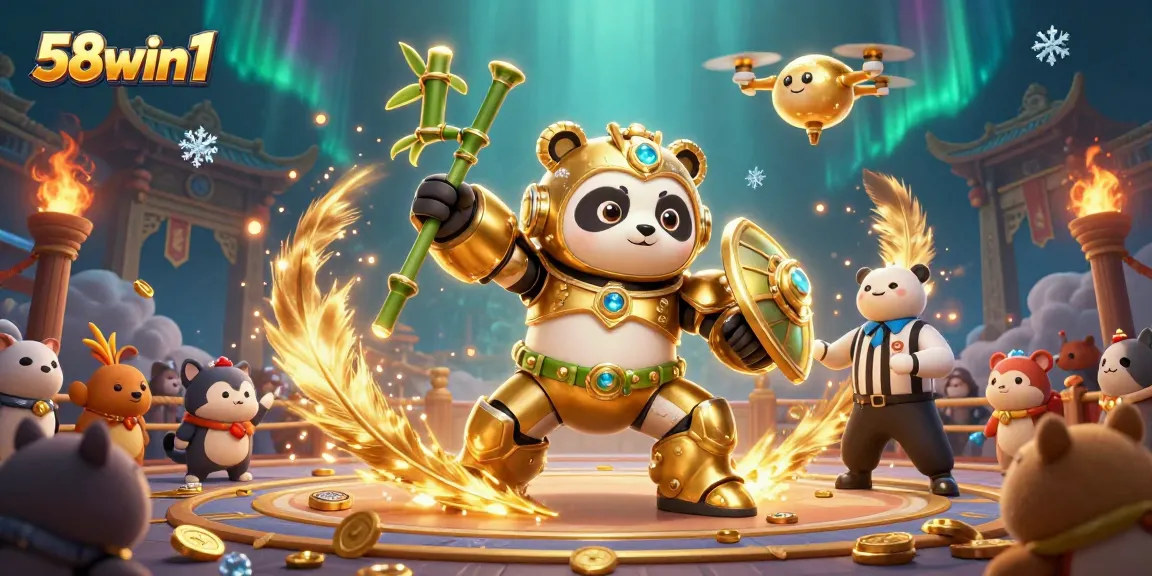 Engage with 58win1 in a vibrant casino scene featuring a mech-suit panda and exciting gambling elements.