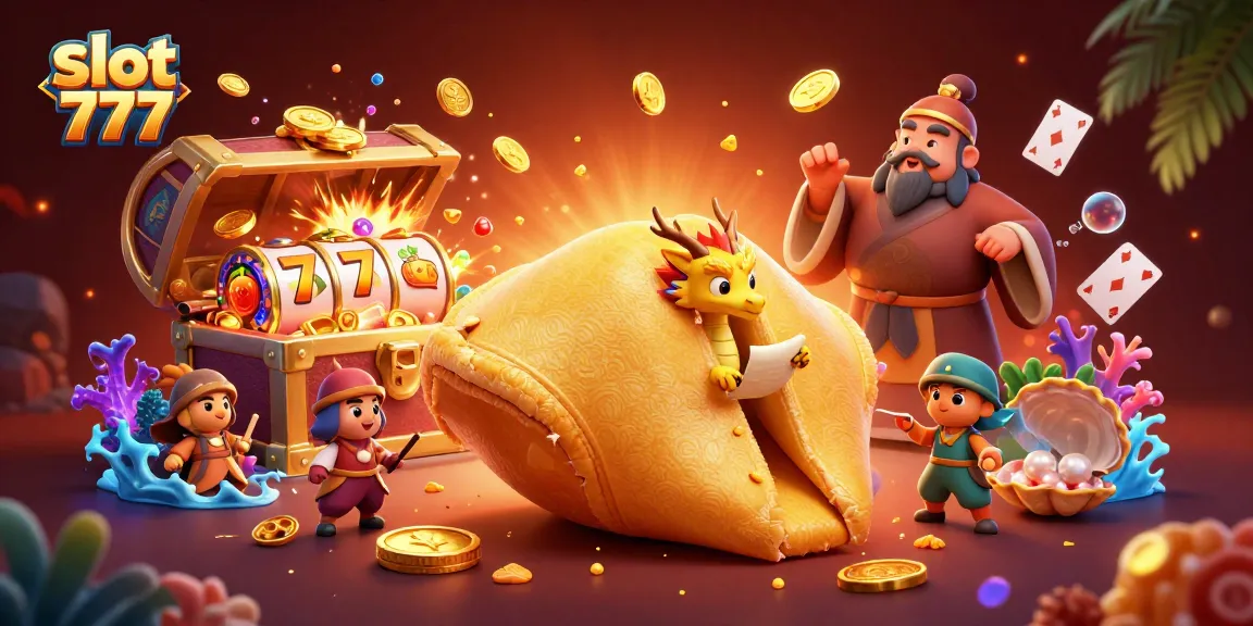 Experience slot 777 excitement with golden cookies, vibrant games, and dragon luck in this illustrated scene.