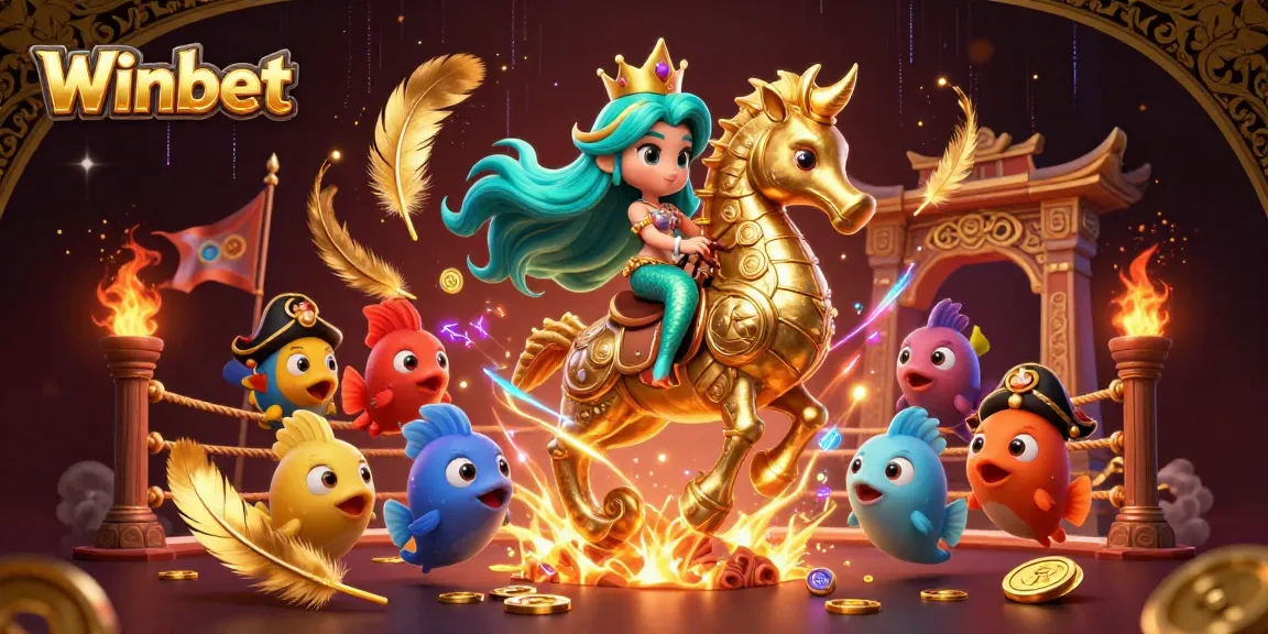 Winbet showcases a vibrant scene with a mermaid riding a seahorse, scattered gold coins, and dynamic gaming elements.
