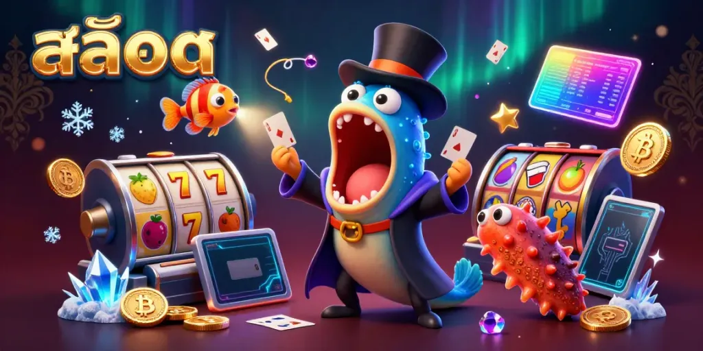 Engage with สล็อต features through a magical scene of vibrant characters performing tricks in a casino.