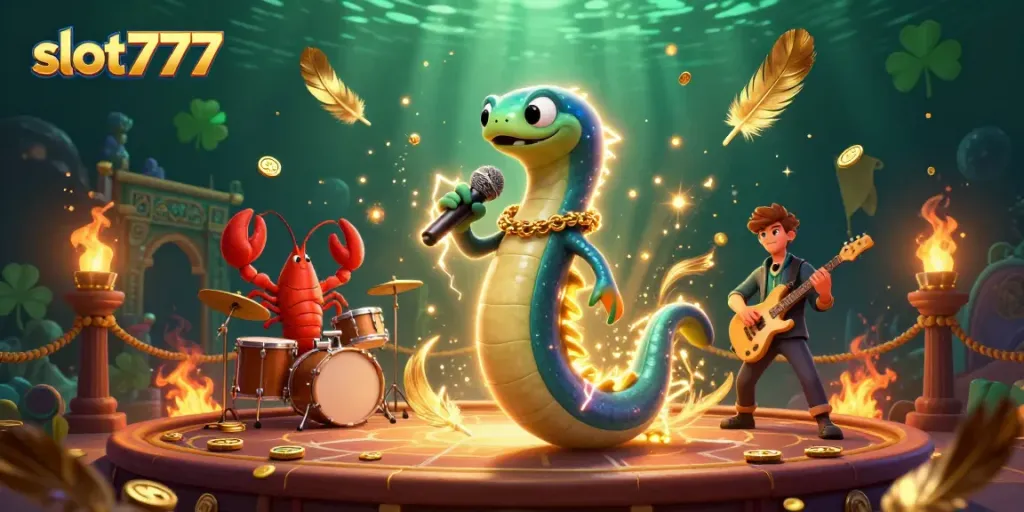 Experience vibrant slot777 action with electric eel DJ, lobster drummer, and seahorse guitarist in an underwater casino.