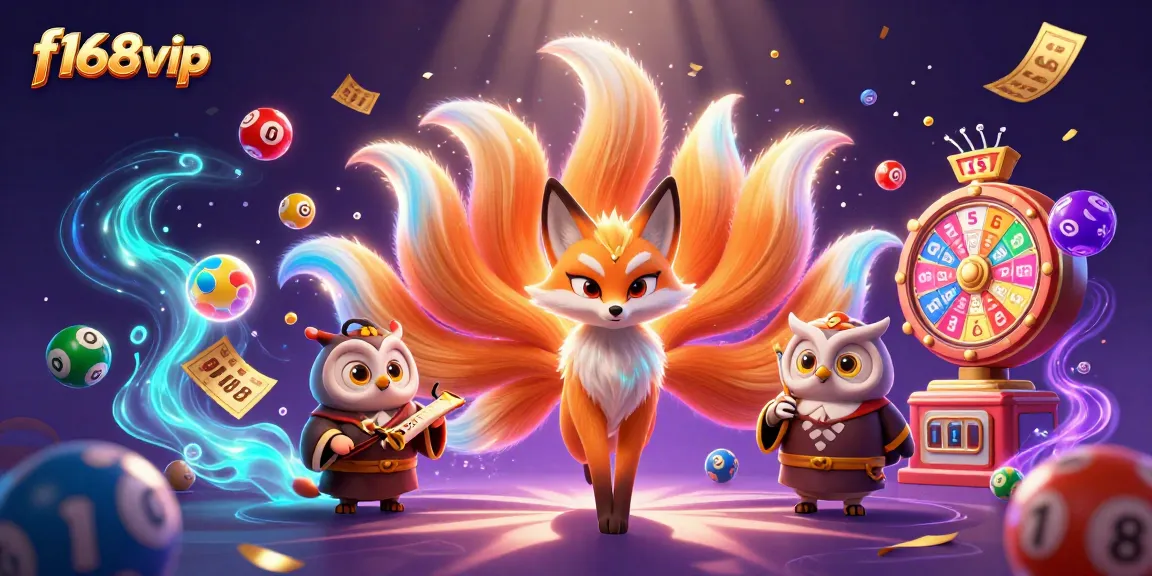 Engage with f168vip's vibrant casino world, featuring a magical scene of spirits amidst bouncing lottery balls and golden prizes.