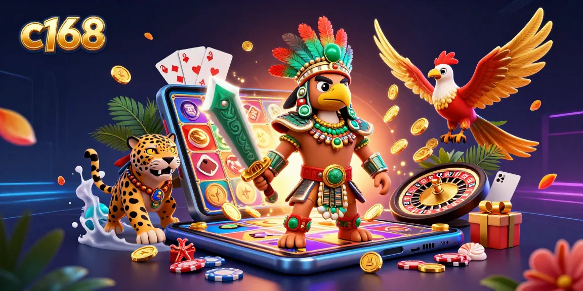 Win big with c168 as dynamic Aztec warriors engage in colorful slot game illustrations amidst casino elements.
