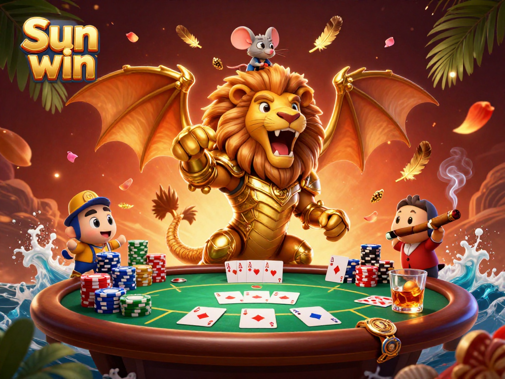 Engage in thrilling poker action at Sun win, featuring a vibrant chimera character and dynamic game elements.