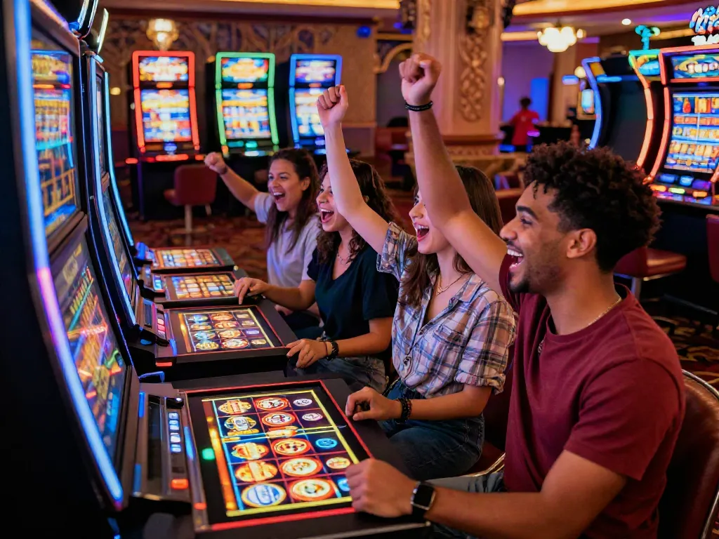 A lively gaming scene with players celebrating a win at an akunjp slot machine in a vibrant casino.