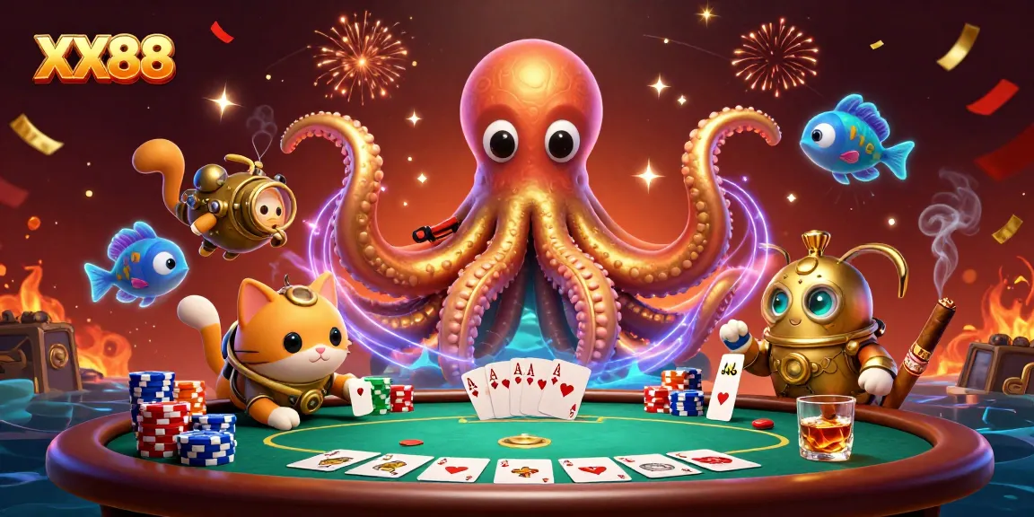 Experience thrilling poker antics with the colossal kraken in a dynamic XX88 casino scene.