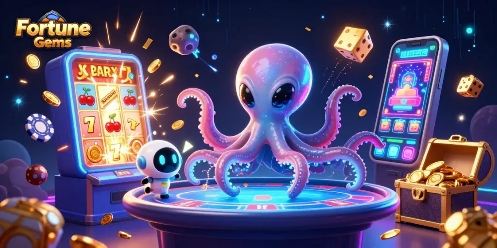 โชว์การหมุนวงล้อของเกม Fortune Gems ที่เต็มไปด้วยสัญลักษณ์และเงินรางวัล