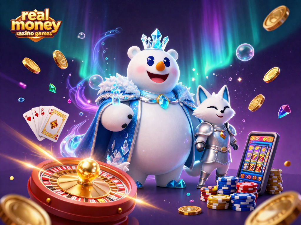 Experience exciting real money casino games featuring a polar bear king and a snow fox, surrounded by casino elements.