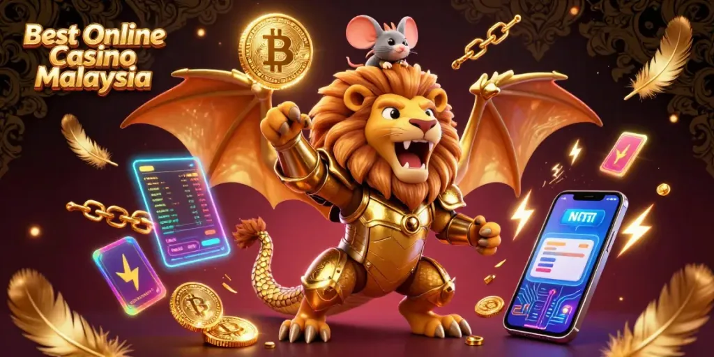 Experience the thrill of the Best Online Casino Malaysia with this vibrant 3D illustration featuring golden armor and crypto elements.