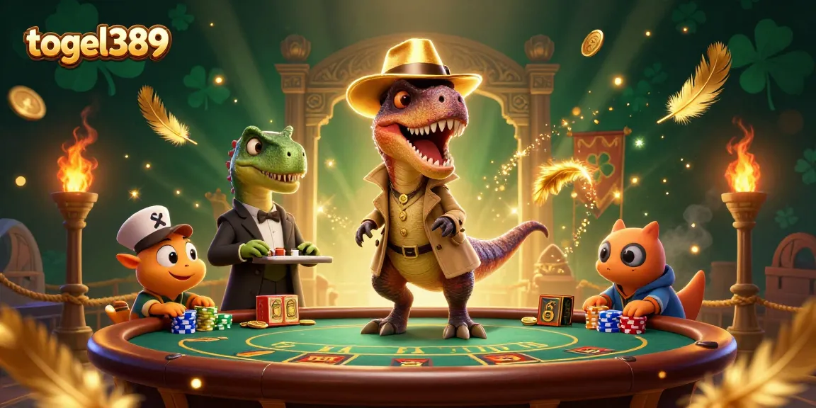 Experience thrilling action with togel389 as a velociraptor card counter interacts at a vibrant casino.