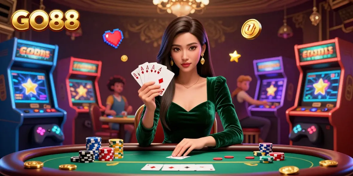GO88 players immerse in high-stakes poker with vibrant casino elements and rich details.