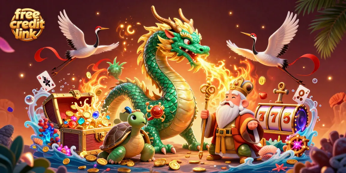 Engage with the free credit link offering excitement and rewards in a vibrant casino scene filled with mythical characters.