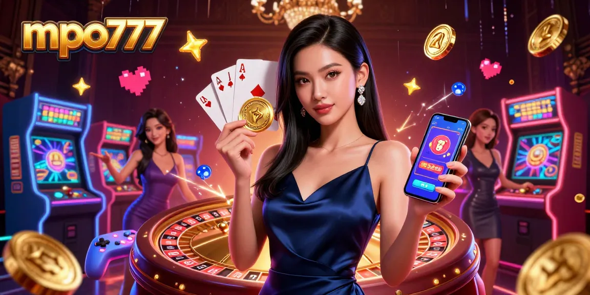 Experience the thrill of mpo777 with a stunning Asian woman showcasing a casino app and golden chip.