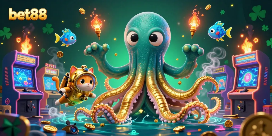 Engage in thrilling gameplay with bet88's 3D cartoon kraken and diving cat illustration.