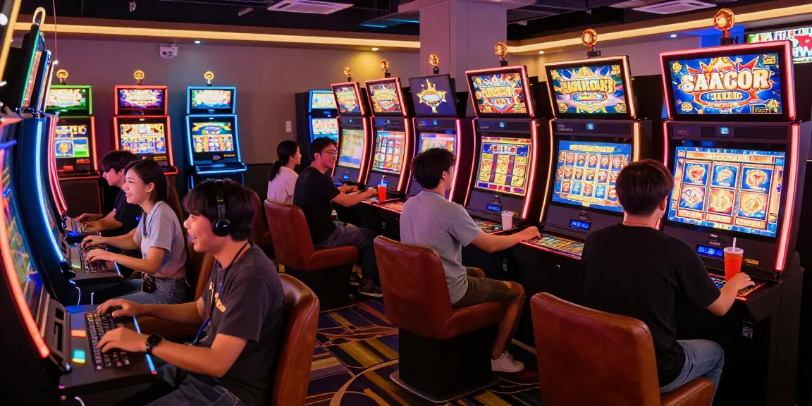 Pengalaman seru permainan slot gacor di kasino online dengan pemain menikmati mesin slot yang berwarna-warni.