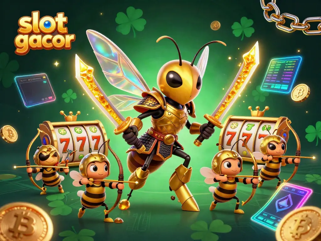 Engaging scene of a golden hornet in samurai armor next to slot elements, showcasing the excitement of slot gacor gaming.