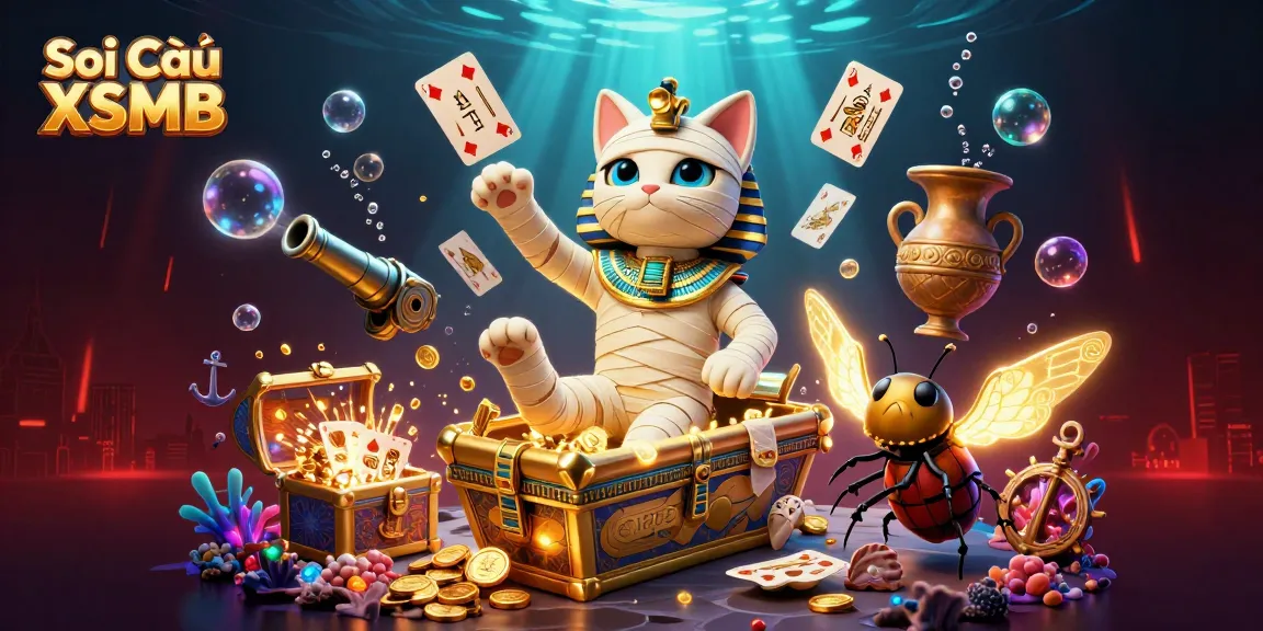 Engage with Soi Cầu XSMB through a thrilling 3D casino scene showcasing a mummy cat and treasures.