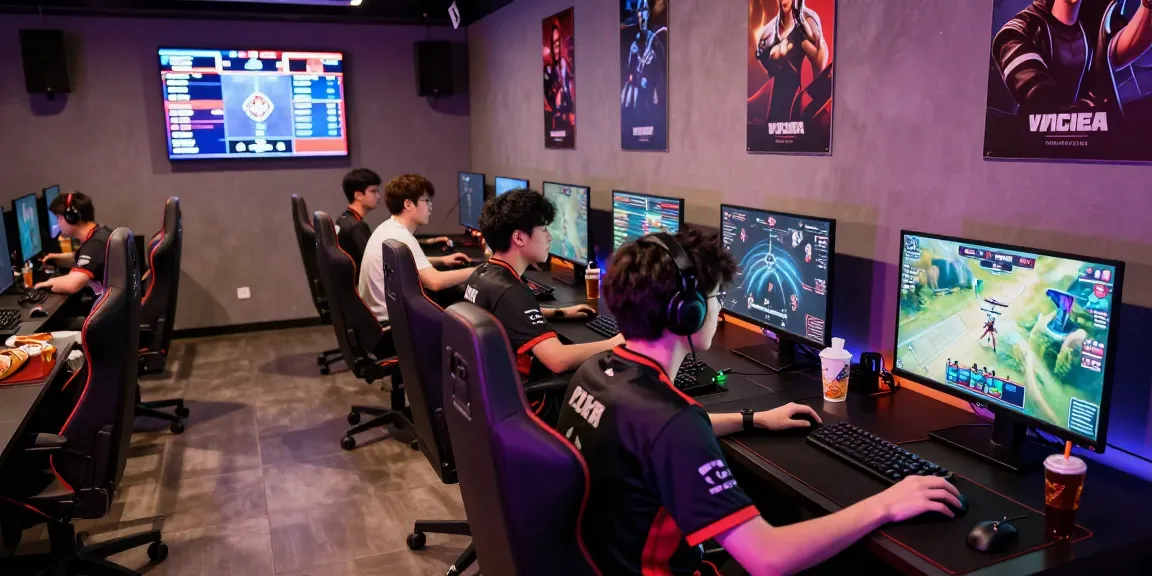 Hit club scene featuring gamers intensely competing in a vibrant esports lounge.
