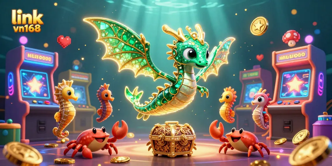 Experience the thrill of gambling with link vn168 as colorful game elements flow around a majestic sea dragon and treasure chest.