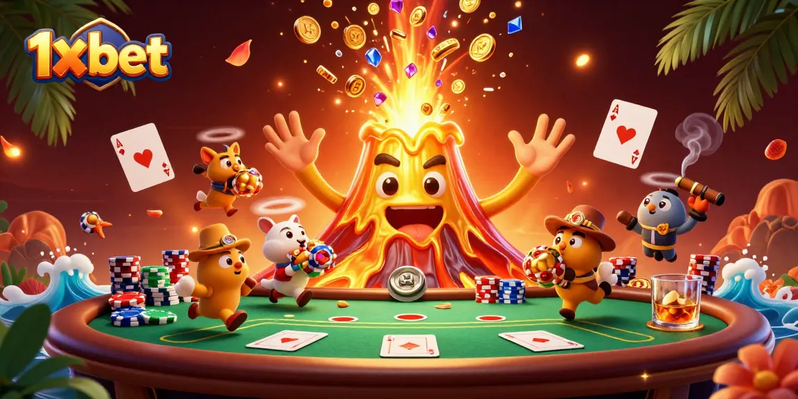 Experience thrilling 1x bet action with a vibrant volcano treasure hunt and poker game scene.