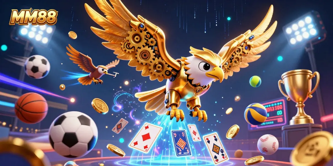 Engage with MM88's thrilling casino features in this vibrant 3D illustration showcasing dynamic gaming elements.