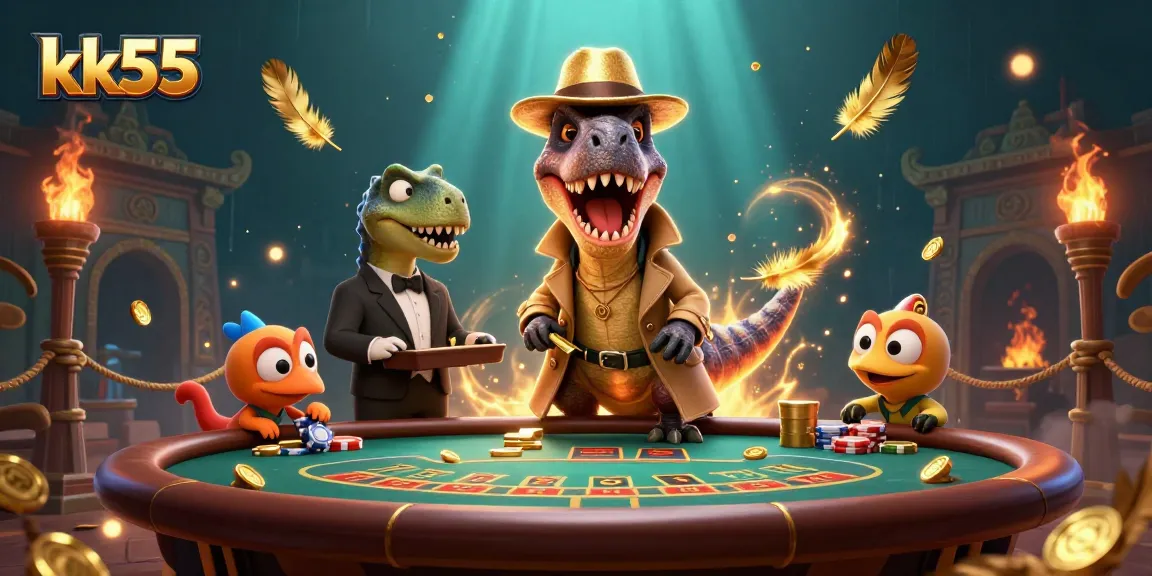 Experience thrilling games at KK55 with vibrant dinosaur characters battling at a blackjack table.