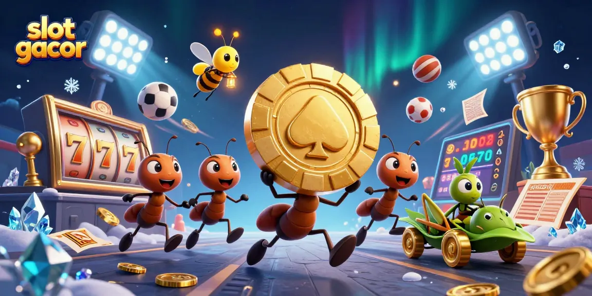 Menangkan slot gacor dengan tim semut yang membawa chip poker emas dalam ilustrasi 3D yang dinamis.