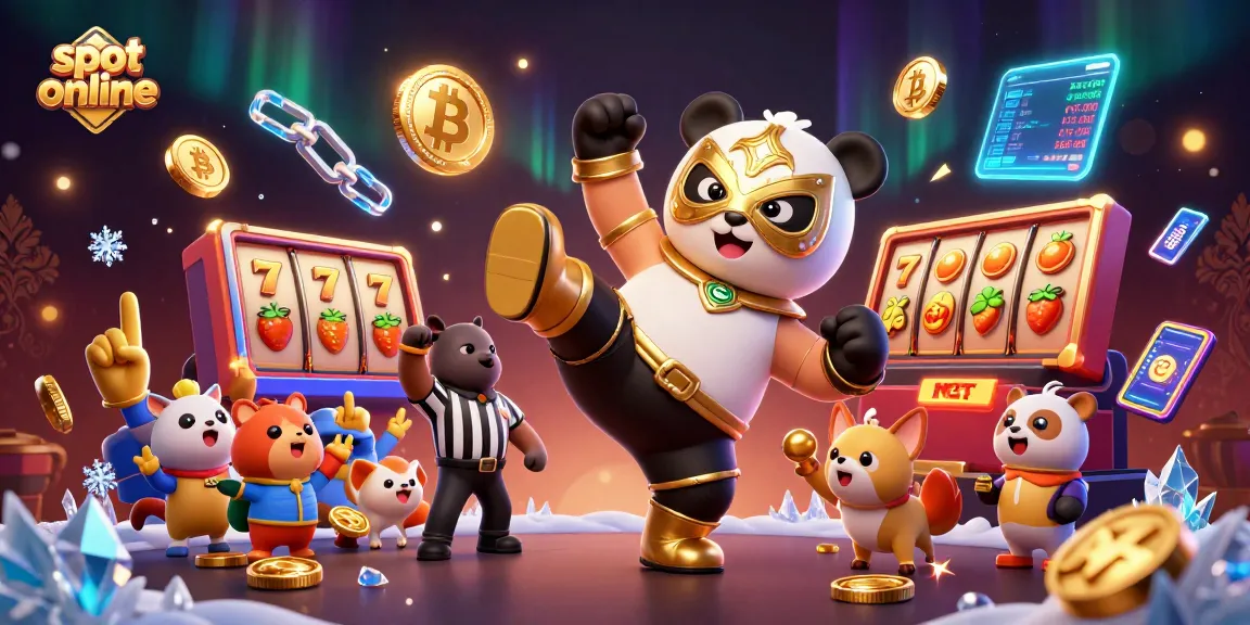 Engage with exciting slot online action; a panda wrestler ignites the gaming arena with vibrant visuals and crypto elements.