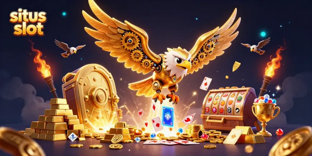 Experience thrilling wins with situs slot as a cybernetic eagle dives through a jackpot of cards and treasures.