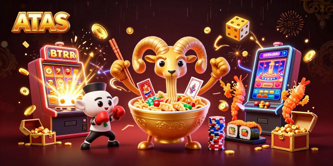 ATAS Casino illustration showing a golden ramen bowl character dealing cards amidst slot machine jackpots and colorful casino elements.