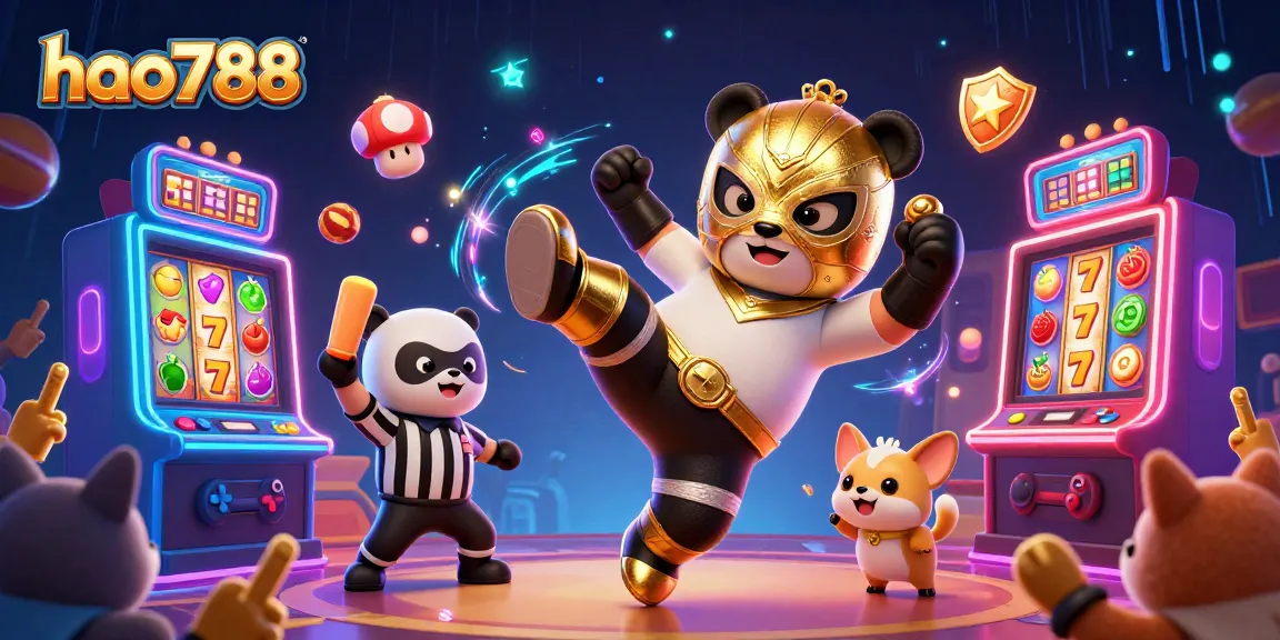 HAO788, situs slot terpercaya dengan login cepat dan aman, menampilkan panda pejuang bertarung di arena kasino