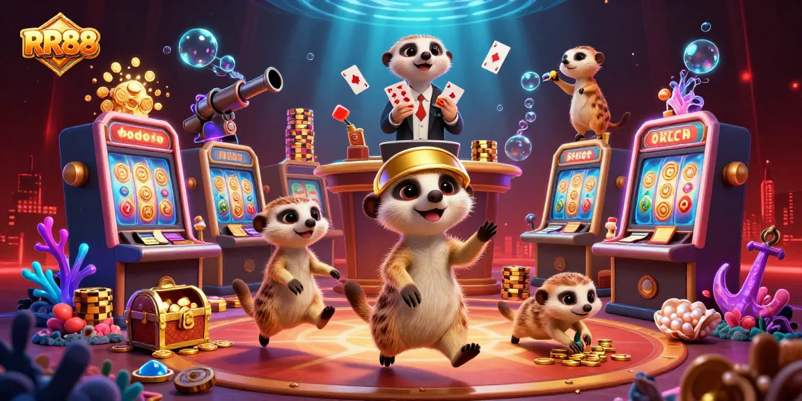Experience thrilling gameplay at RR88 with a lively meerkat casino scene, showcasing dynamic slot action.