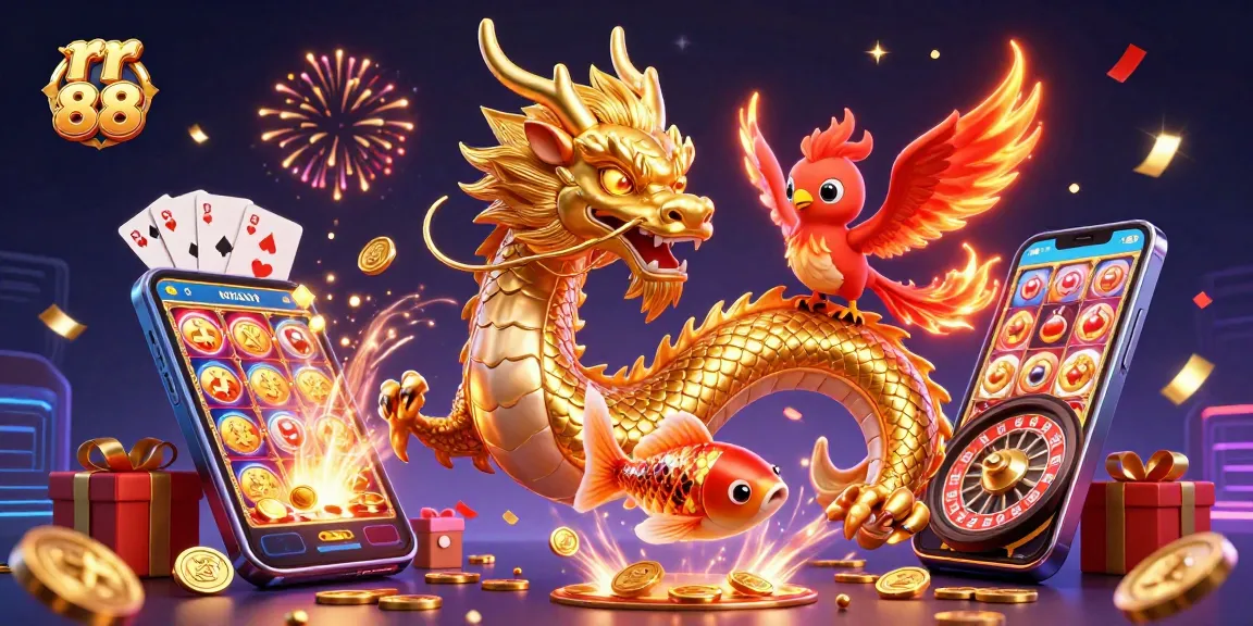 Experience thrilling fun at rr 88 with a golden dragon and phoenix amidst a vibrant gaming explosion.