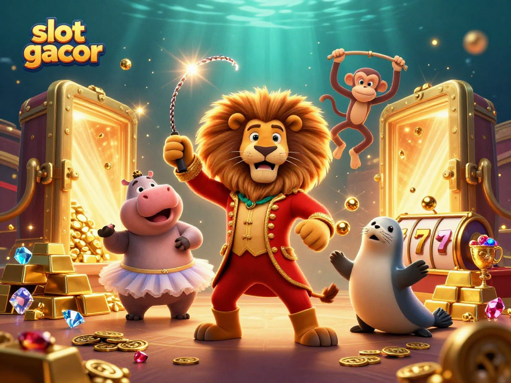 Spin to win with slot gacor visuals featuring lively circus characters and golden treasures!