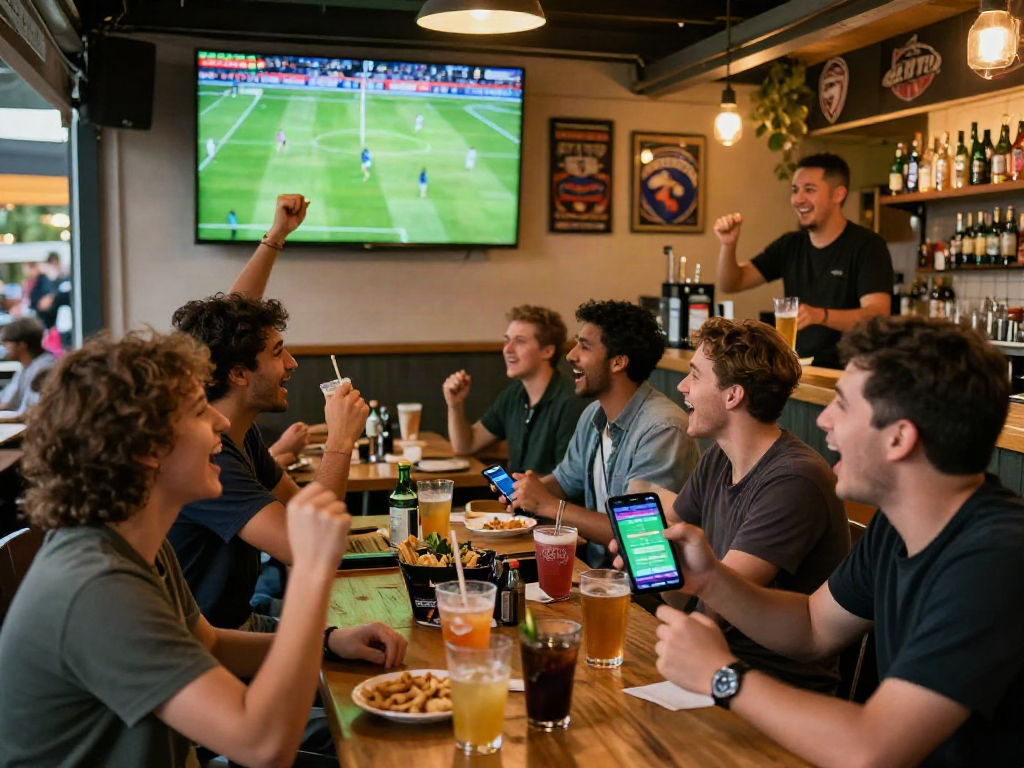 Friends enjoying a lively sports betting experience while using Playin exchange to place bets.