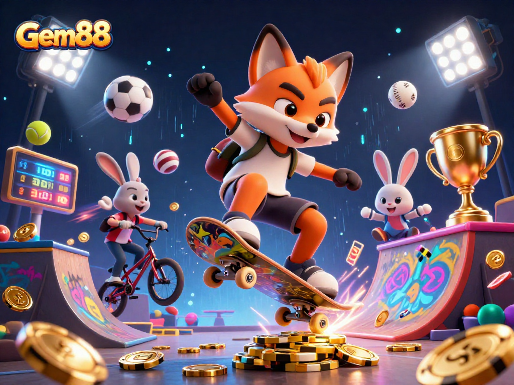 Experience excitement with Gem88 as a skateboarder fox performs thrilling tricks in a vibrant casino scene.