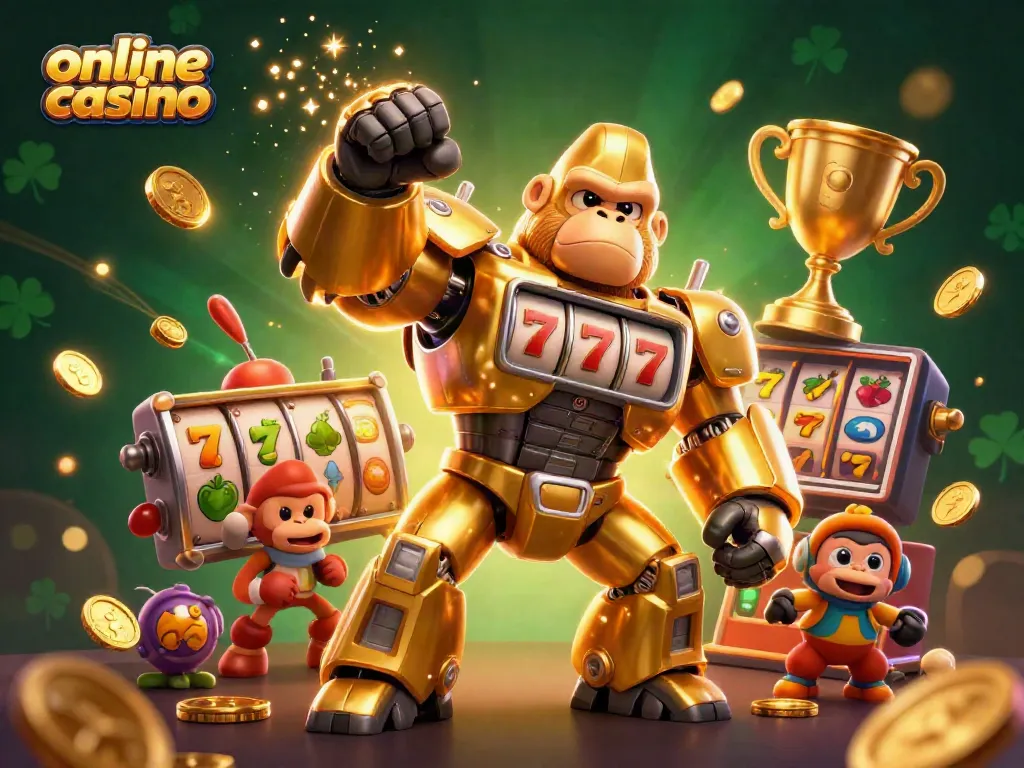 Experience exhilaration at our online casino with a golden gorilla mech surrounded by spinning slot elements.