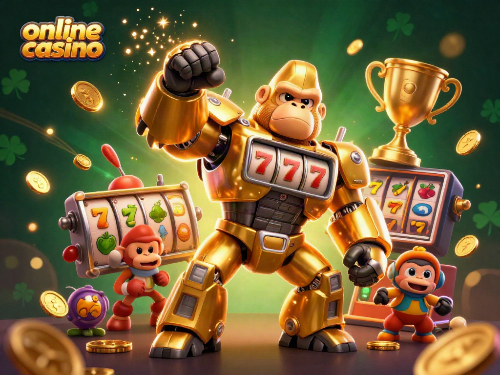 Experience exhilaration at our online casino with a golden gorilla mech surrounded by spinning slot elements.