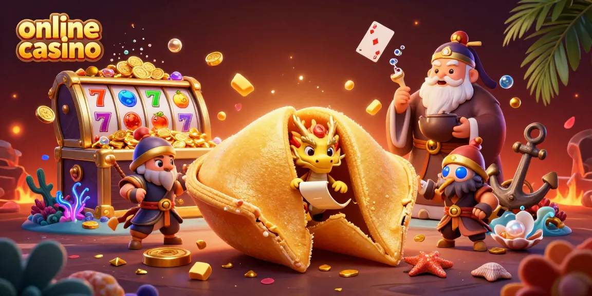 Engage in the online casino experience with colorful elements featuring a dragon and fortune cookie.